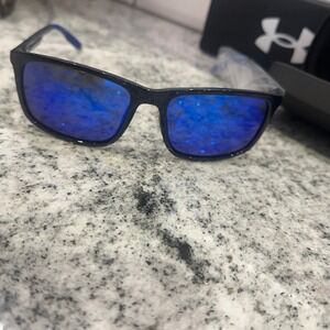 Under Armour L/XL Sunglasses Mens Black New 1374564 Blue Mirror Lens Sport